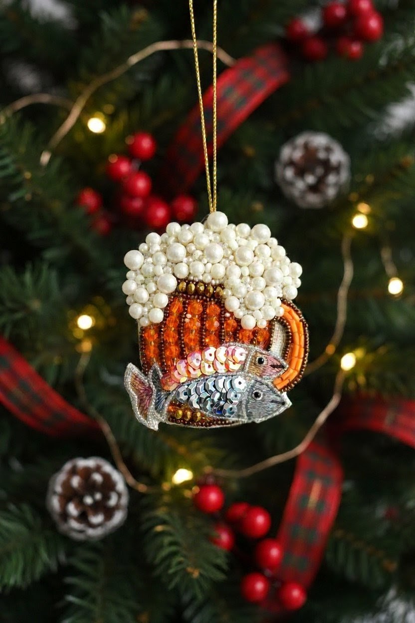 A Christmas ornament shaped like a mug filled with white beer foam and decorated with orange and silver beads, hanging on a decorated Christmas tree with red berries, pinecones, and warm string lights.