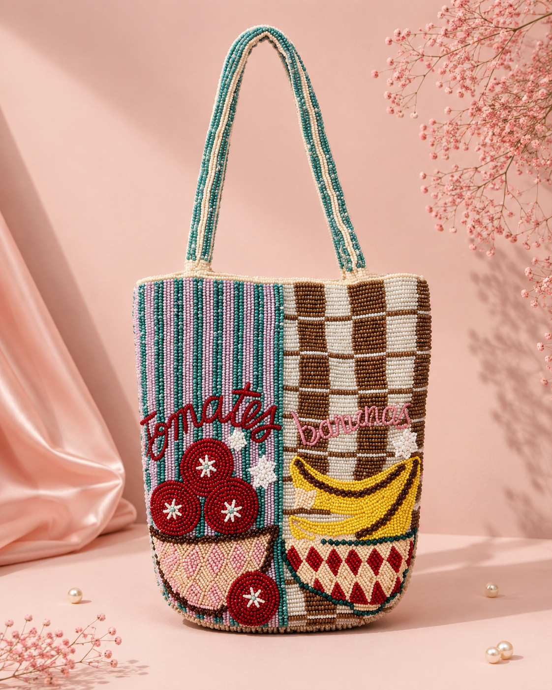 Handmade Fruit Market Beaded Tote Bag for Women | Luxury Vacation & Gift Handbag — Full view of handmade beaded fruit market tote bag with tomatoes, bananas, and checkered patchwork design by ZOHRICANADA on a pink background — Zohricanada