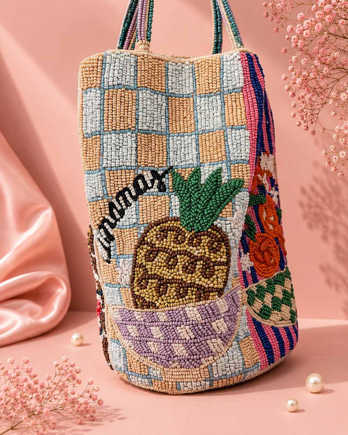 Side view of handmade beaded fruit market tote bag with embroidered pineapple and floral patchwork by ZOHRICANADA