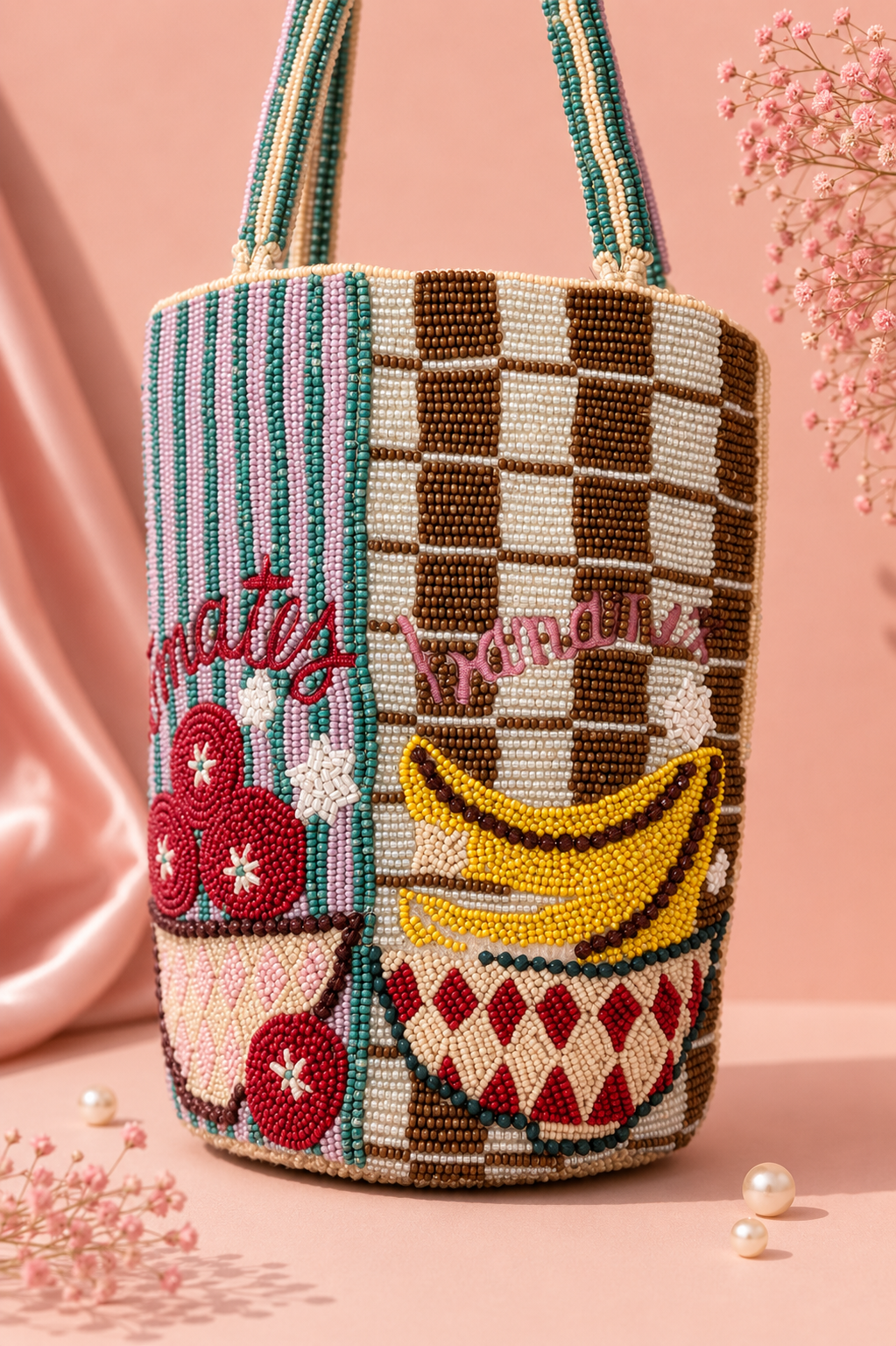 Handmade Fruit Market Beaded Tote Bag for Women | Luxury Vacation & Gift Handbag — Handmade beaded fruit market tote bag featuring embroidered tomatoes and bananas text motifs by ZOHRICANADA — Zohricanada