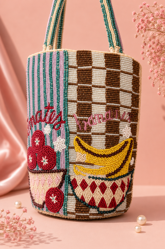 Handmade Fruit Market Beaded Tote Bag for Women | Luxury Vacation & Gift Handbag — Handmade beaded fruit market tote bag featuring embroidered tomatoes and bananas text motifs by ZOHRICANADA — Zohricanada