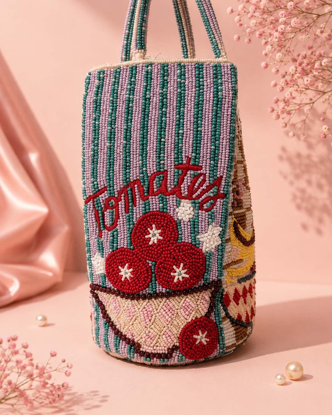 Handmade Fruit Market Beaded Tote Bag for Women | Luxury Vacation & Gift Handbag — Close-up of the striped side of the handmade beaded fruit market tote bag with embroidered tomato design by ZOHRICANADA — Zohricanada