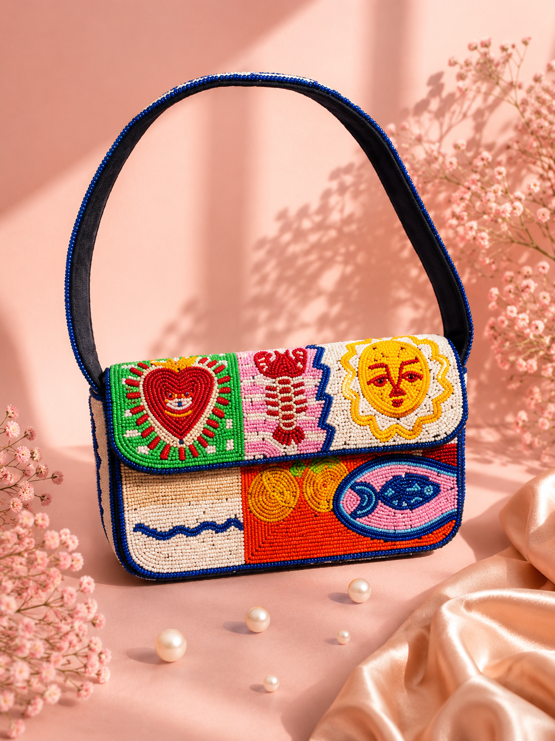 Handmade Mediterranean Evil Eye Beaded Shoulder Bag for Women | Luxury Vacation Handbag — Handmade beaded Mediterranean evil eye shoulder bag by ZOHRICANADA with heart, fish, sun, and wave motifs on a pink background with pearls — Zohricanada