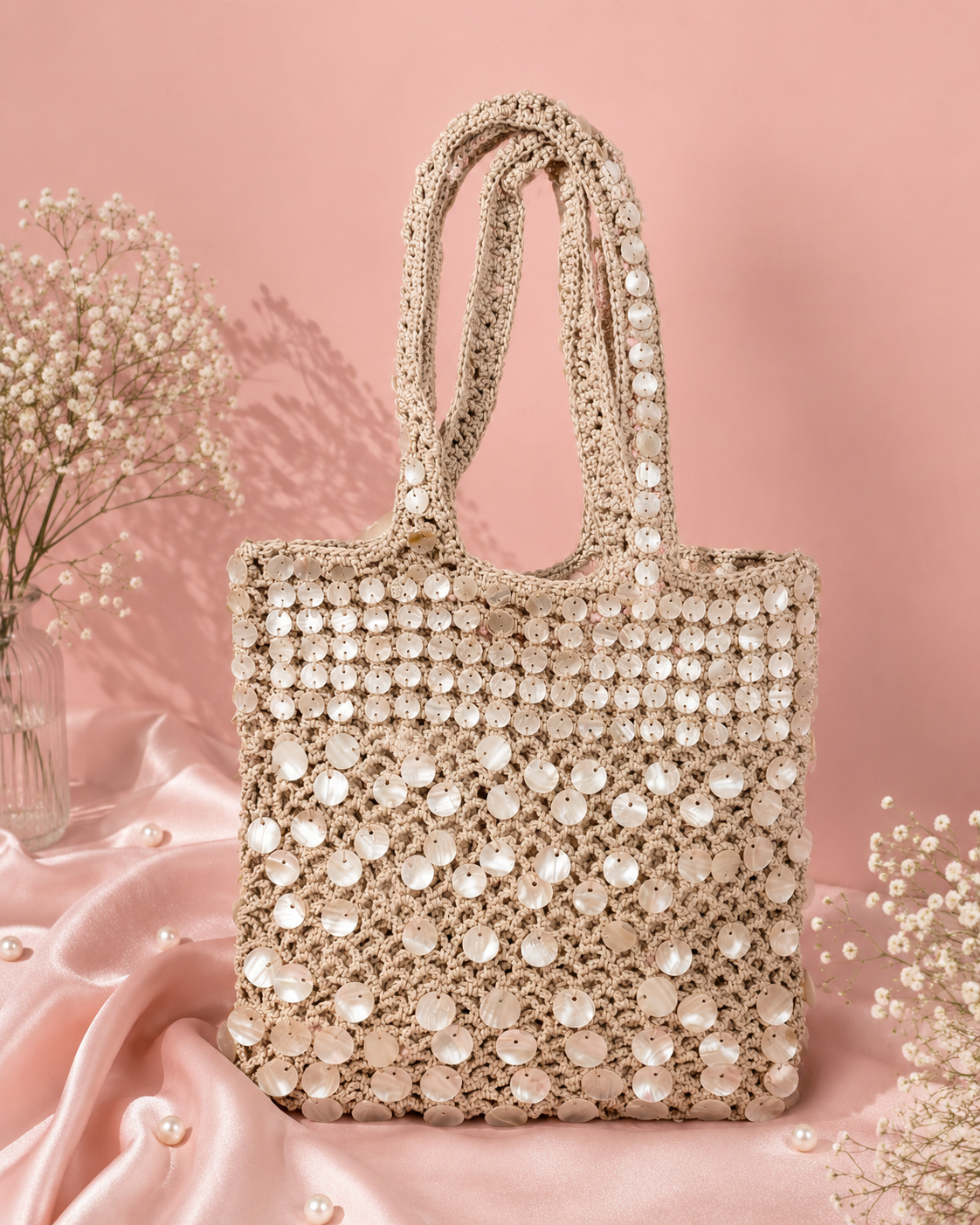 Handmade Mother-of-Pearl Shell Crochet Tote Bag for Women | Resort & Vacation Bag — Handmade beige crochet tote bag embellished with pearls and shells by ZOHRICANADA, styled on a pink satin background with flowers — Zohricanada