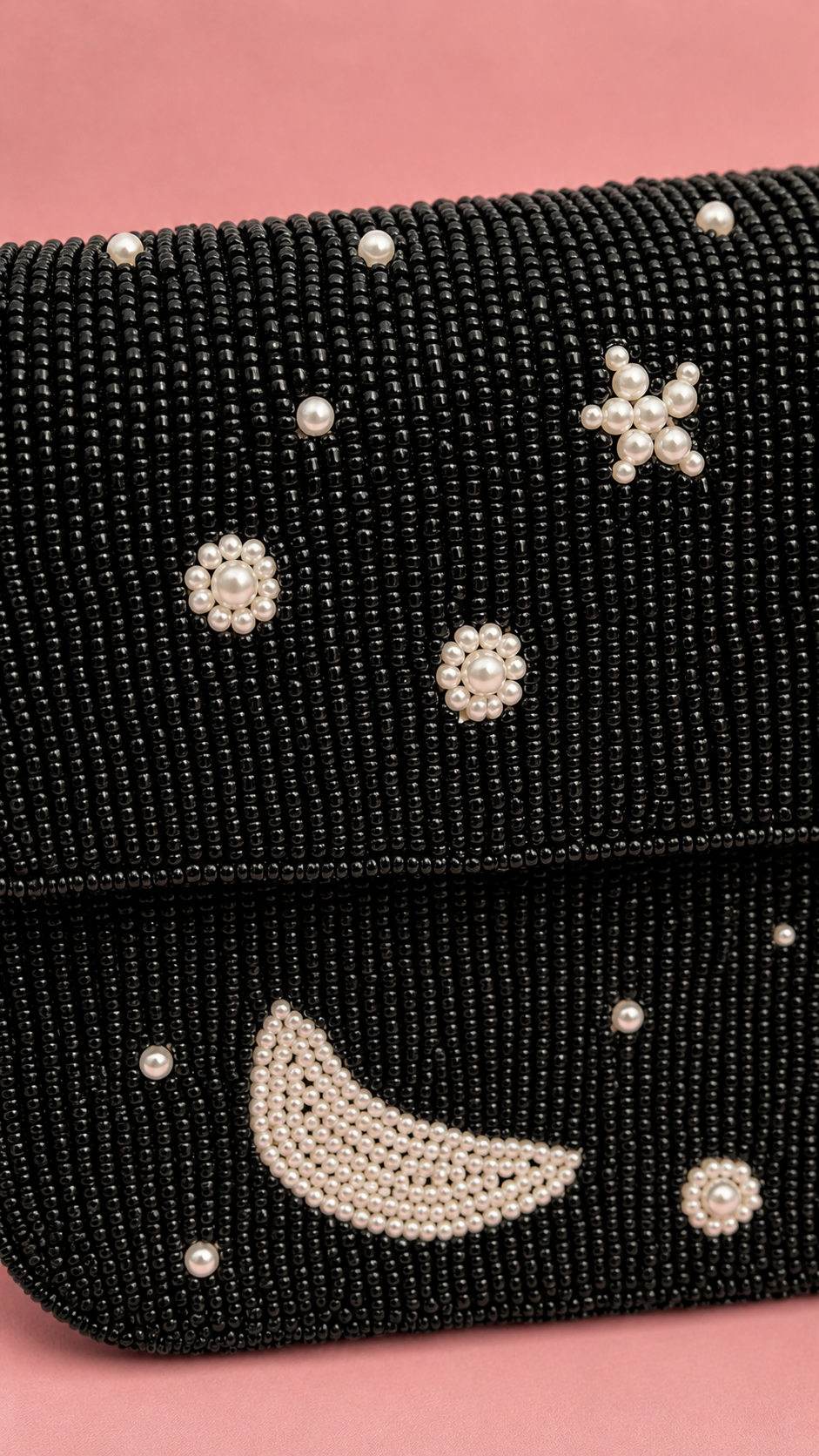 Handmade Black Beaded Celestial Evening Bag for Women | Wedding & Date Night Shoulder Bag — Close-up of pearl embellished crescent moon and star details on the black beaded Midnight Celestial shoulder bag by ZOHRICANADA — Zohricanada