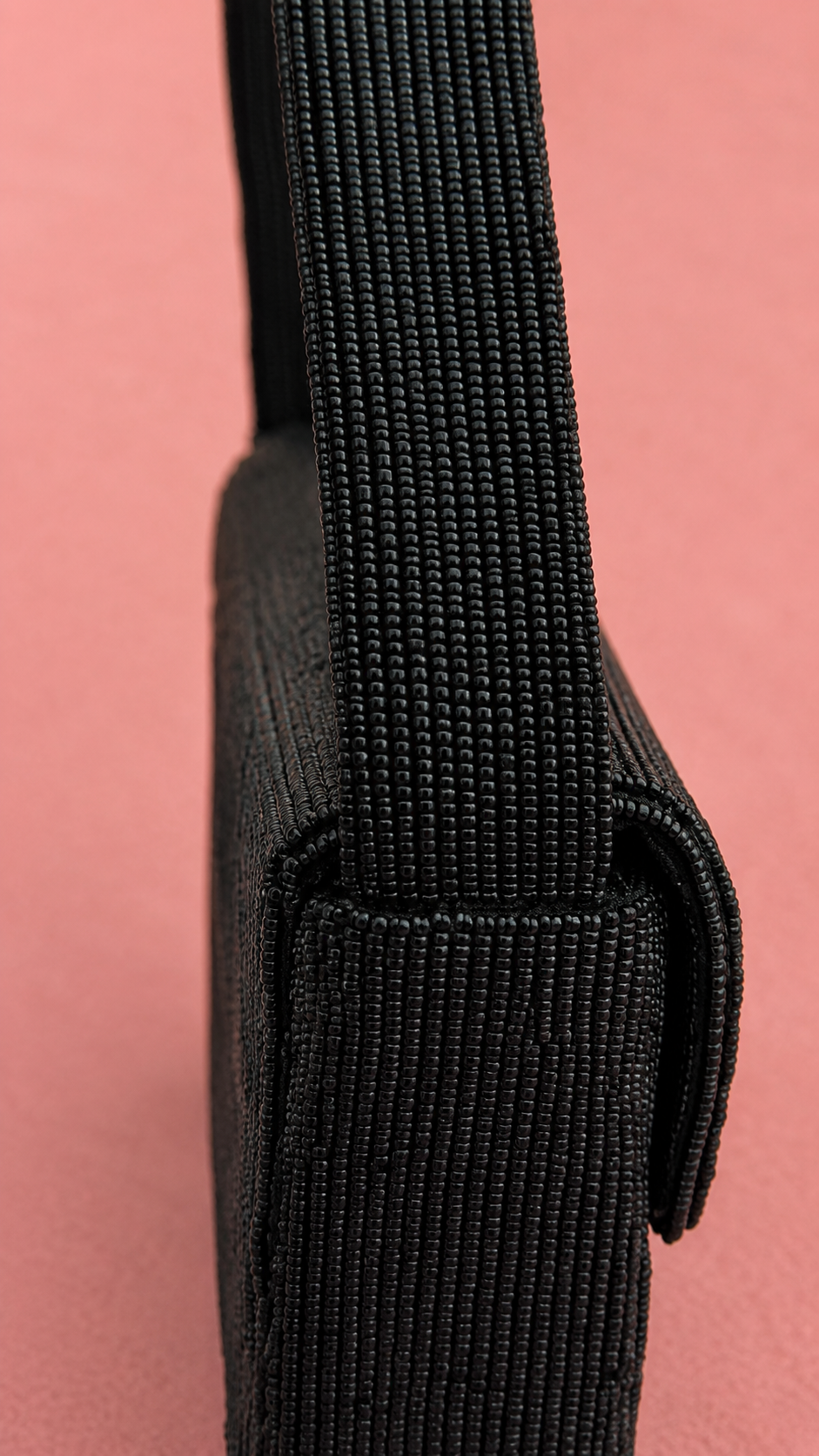Handmade Black Beaded Celestial Evening Bag for Women | Wedding & Date Night Shoulder Bag — Close-up of the woven strap and textured body of the black beaded Midnight Celestial shoulder bag by ZOHRICANADA — Zohricanada